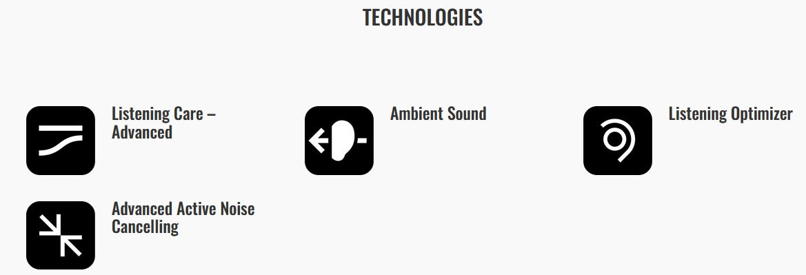 EP-E70A Technologies: Listening Care - Advanced, Ambient Sound, Listening Optimizer, Advanced Actice Noise Cancelling